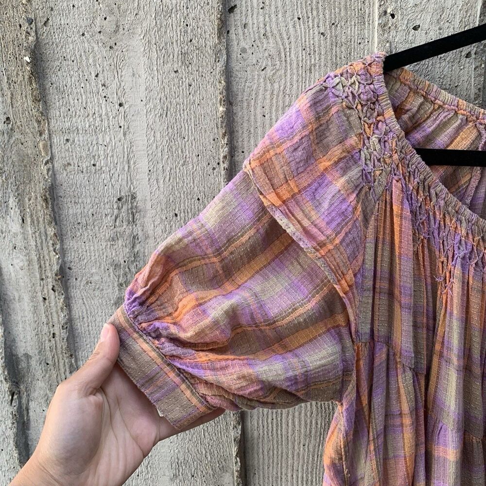Free People Amelie Mini Dress Tiered Gauzy Plaid Picnic Prairie Western Boho XS - Picture 9 of 12